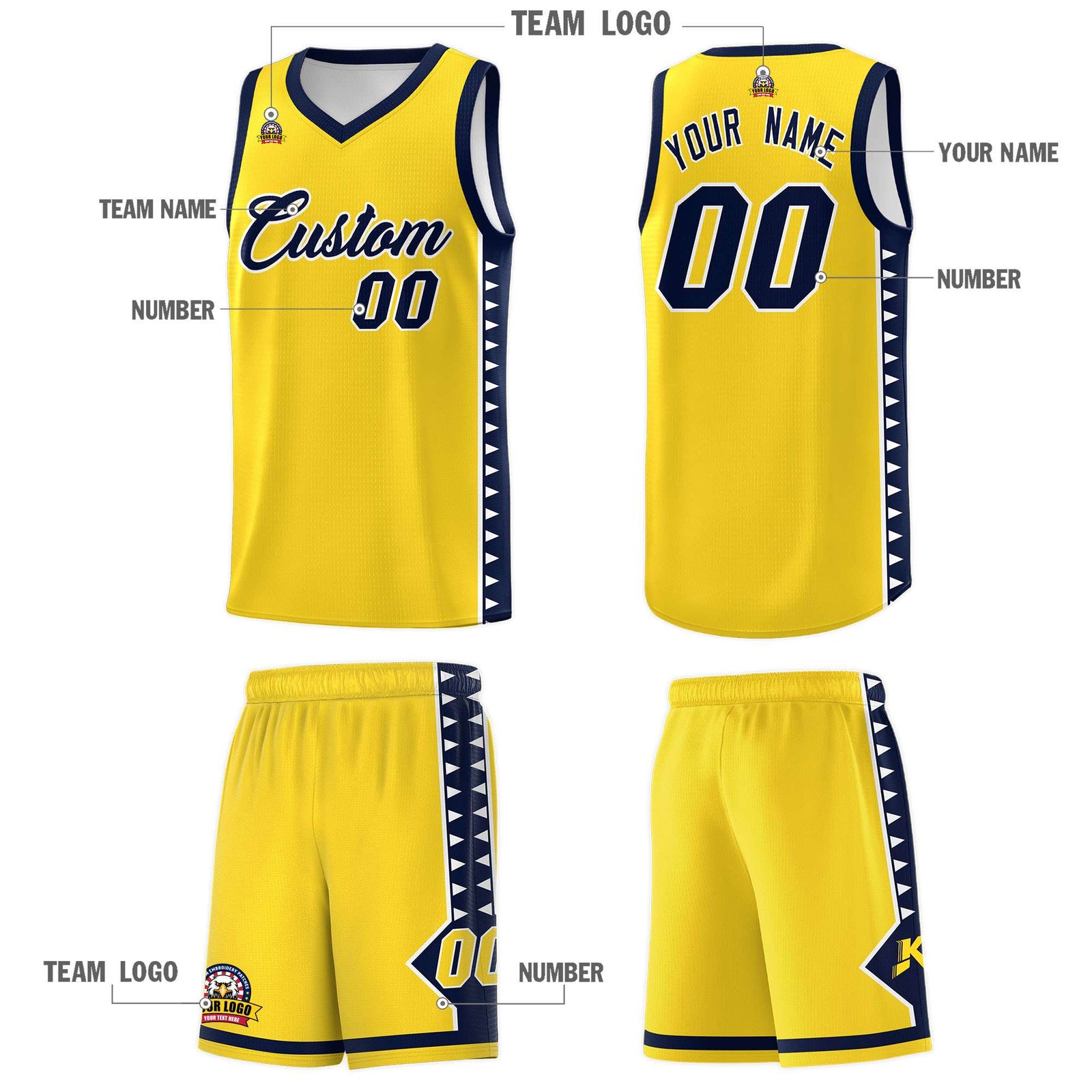 Custom Gold Navy Basketball Kits With Side Zigzag Pattern