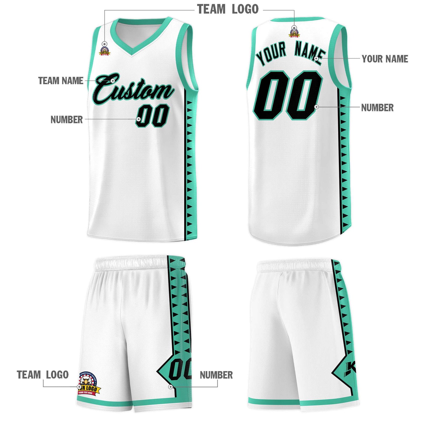 Custom White Bright Green Basketball Kits With Side Zigzag Pattern