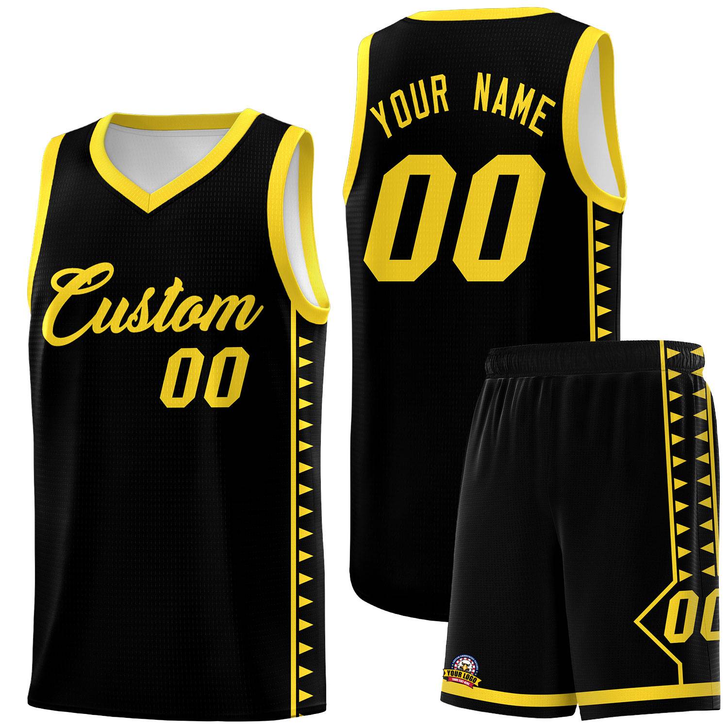 Custom Black Gold Basketball Kits With Side Zigzag Pattern