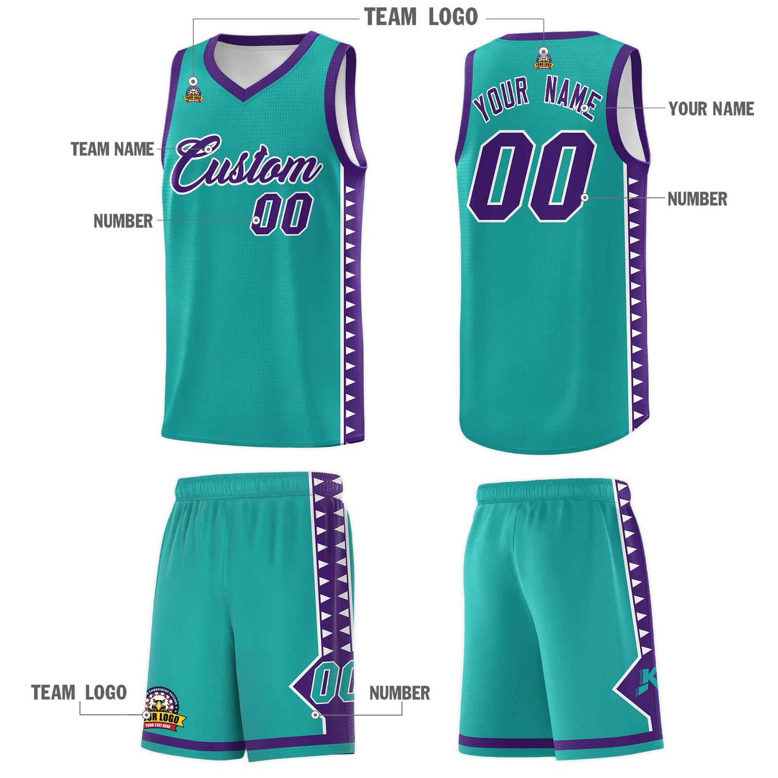 Custom Aqua Purple Basketball Kits With Side Zigzag Pattern