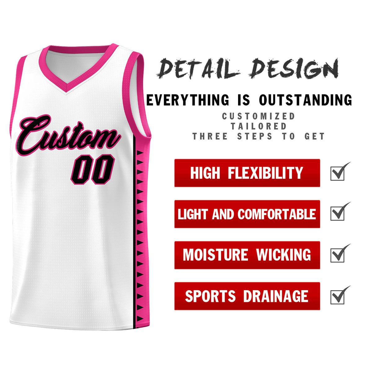 Custom White Rose Red Basketball Kits With Side Zigzag Pattern