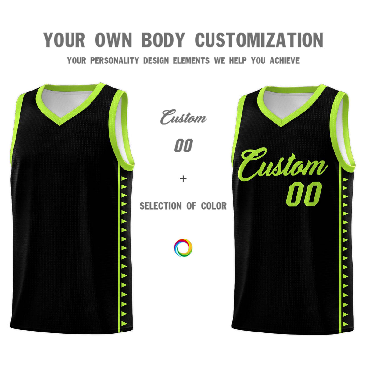Custom Black Neon Green Basketball Kits With Side Zigzag Pattern