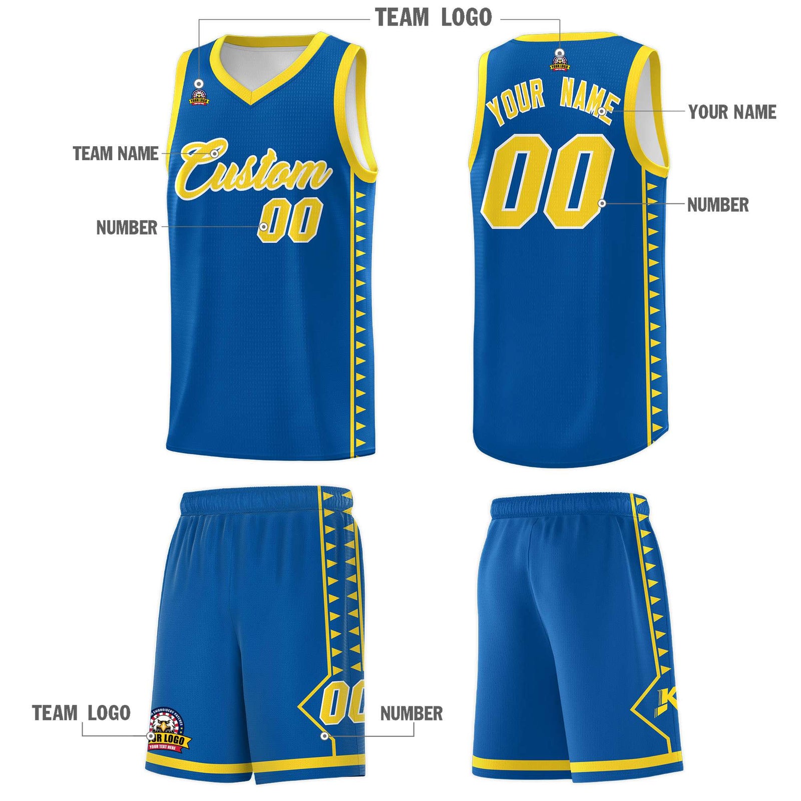 Custom Royal Gold Basketball Kits With Side Zigzag Pattern