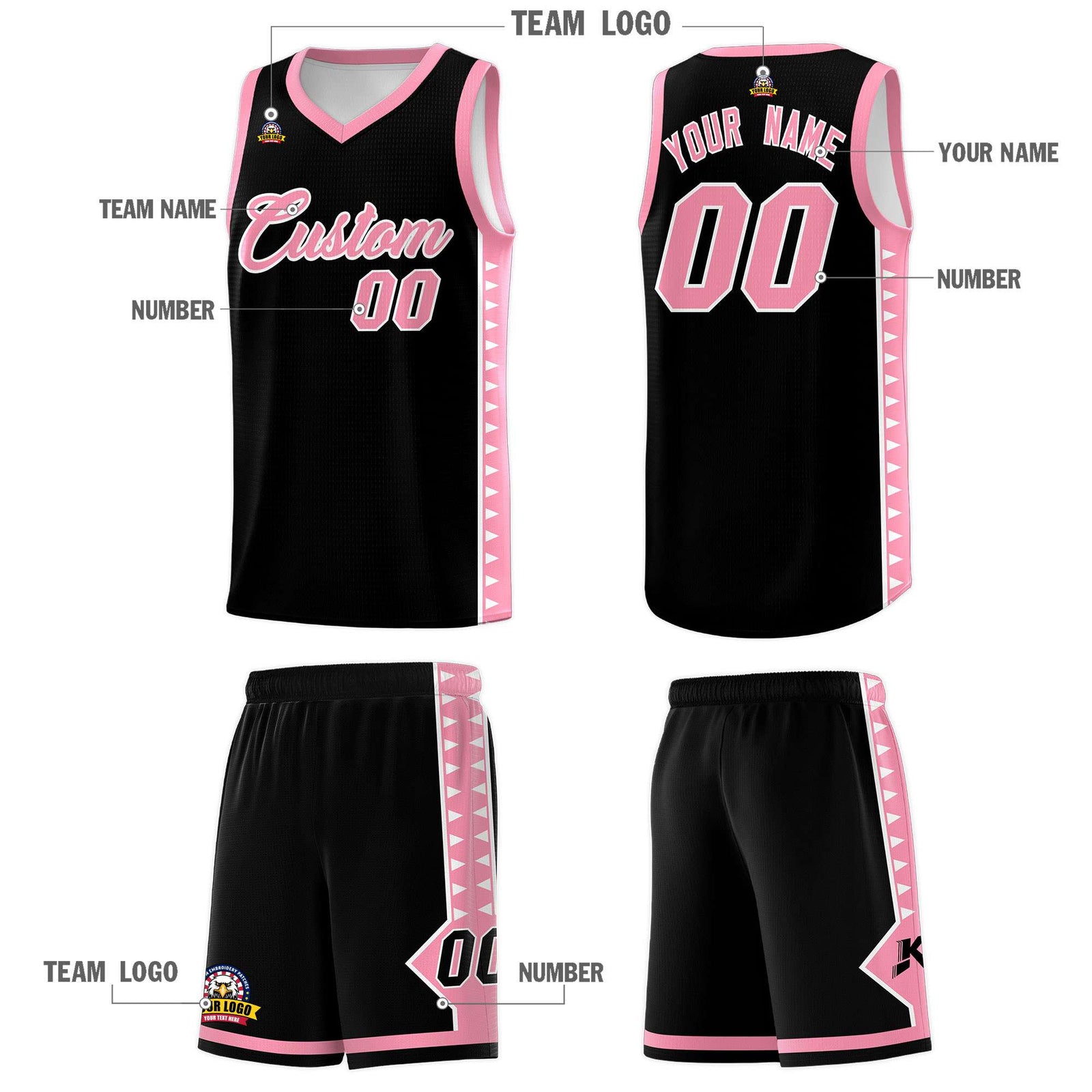 Custom Black Light Pink Basketball Kits With Side Zigzag Pattern