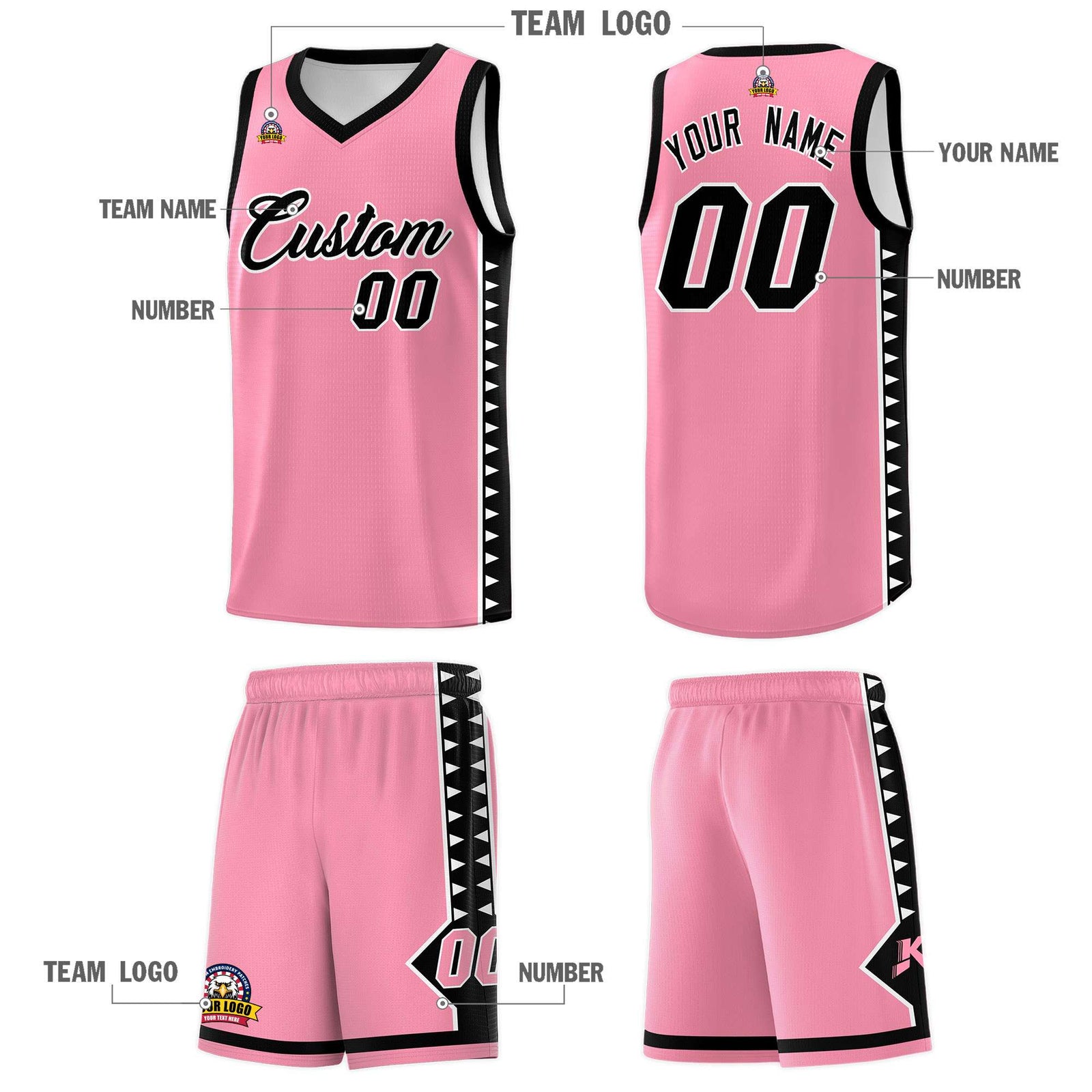 Custom Light Pink Black Basketball Kits With Side Zigzag Pattern
