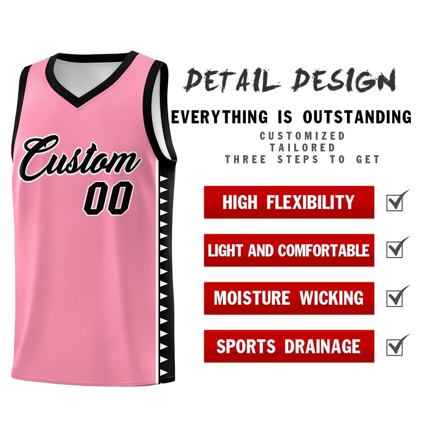 Custom Light Pink Black Basketball Kits With Side Zigzag Pattern