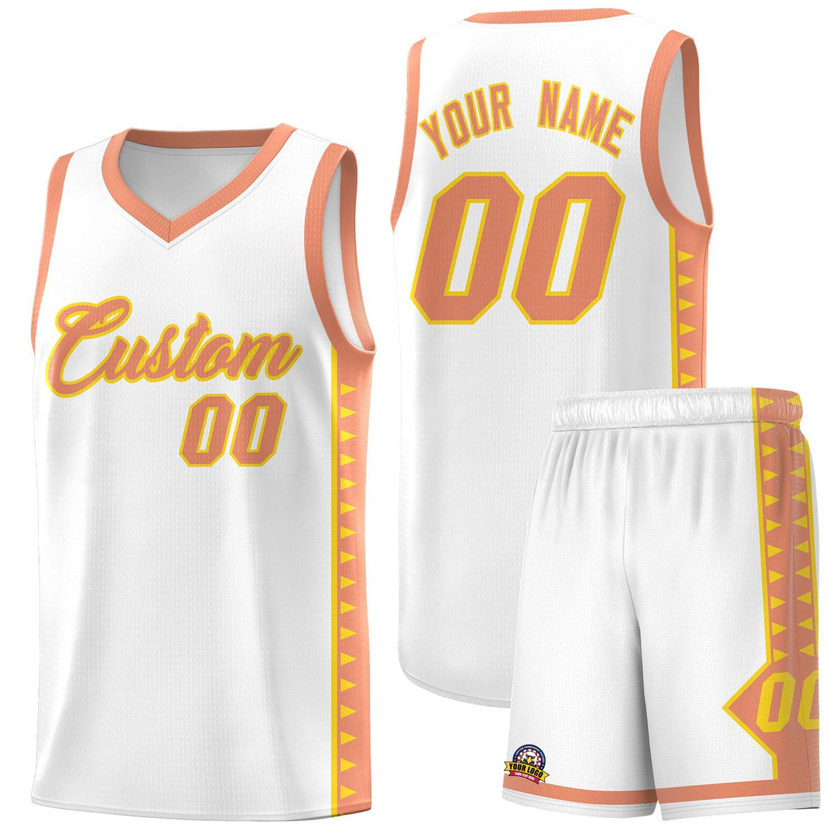 Custom White Light Orange Basketball Kits With Side Zigzag Pattern