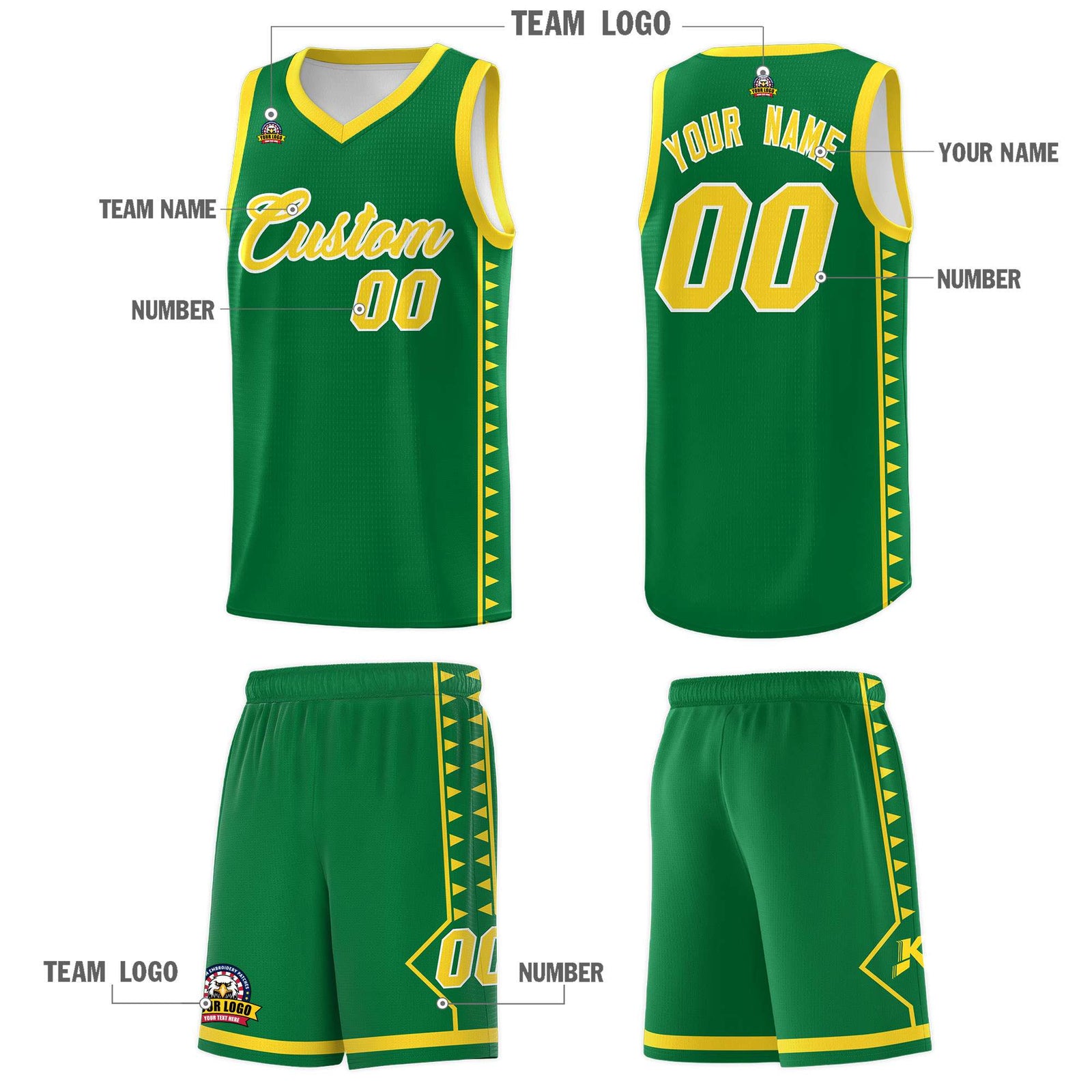 Custom Kelly Green Gold Basketball Kits With Side Zigzag Pattern
