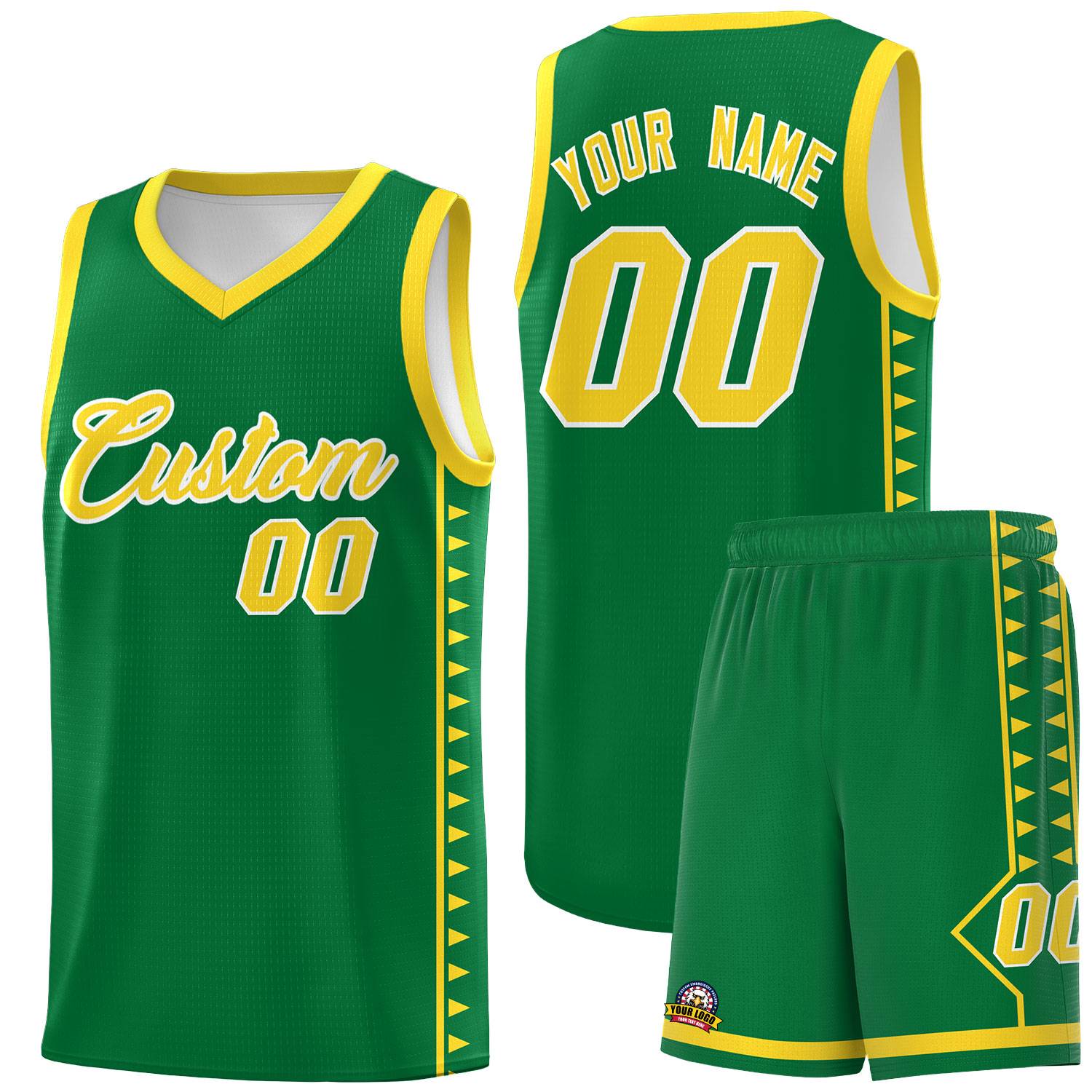 Custom Kelly Green Gold Basketball Kits With Side Zigzag Pattern