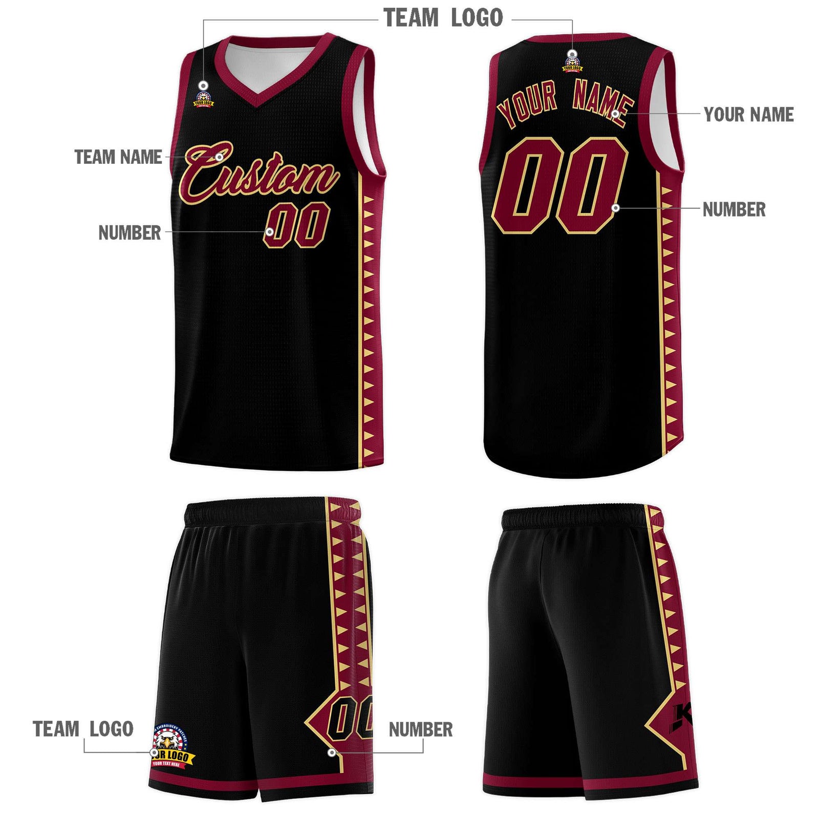 Custom Black Crimson Basketball Kits With Side Zigzag Pattern