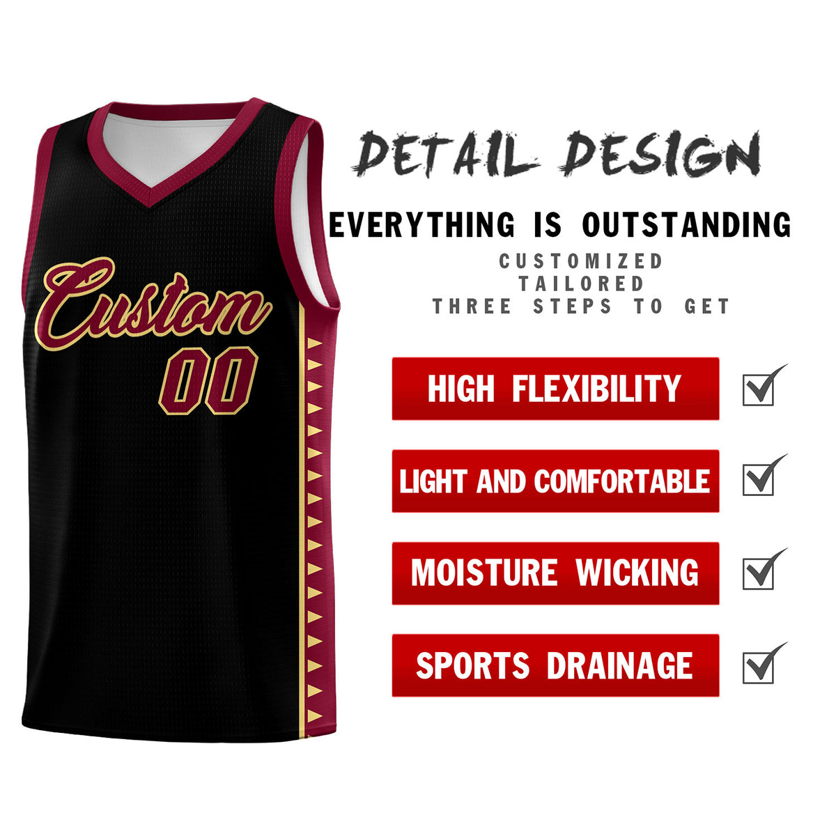 Custom Black Crimson Basketball Kits With Side Zigzag Pattern