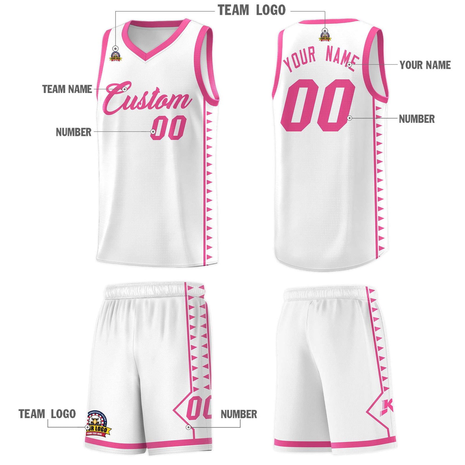 Custom White Pink Basketball Kits With Side Zigzag Pattern