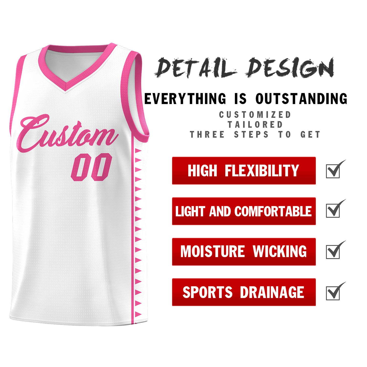 Custom White Pink Basketball Kits With Side Zigzag Pattern