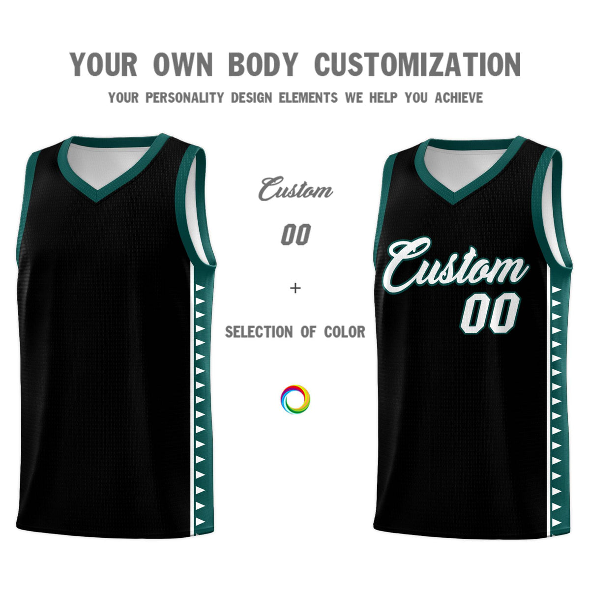Custom Black Midnight Green Basketball Kits With Side Zigzag Pattern