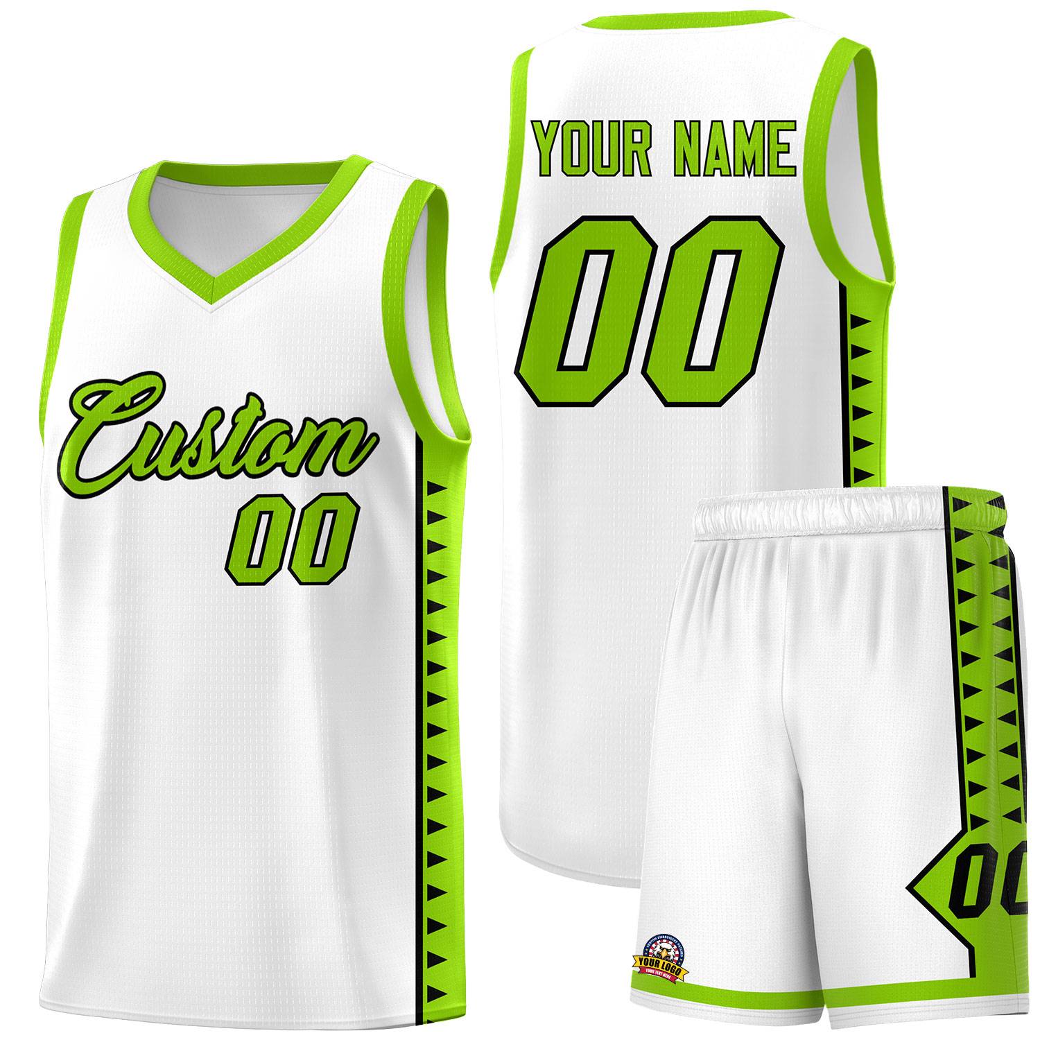 Custom White Neon Green Basketball Kits With Side Zigzag Pattern