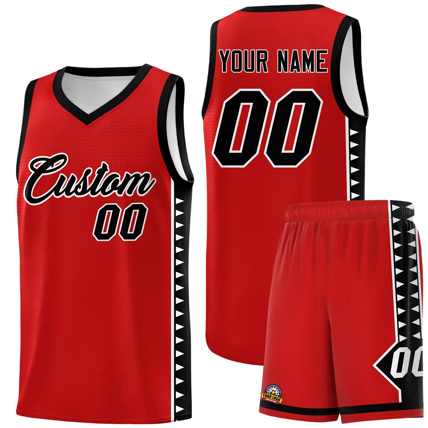 Custom Red Black Basketball Kits With Side Zigzag Pattern