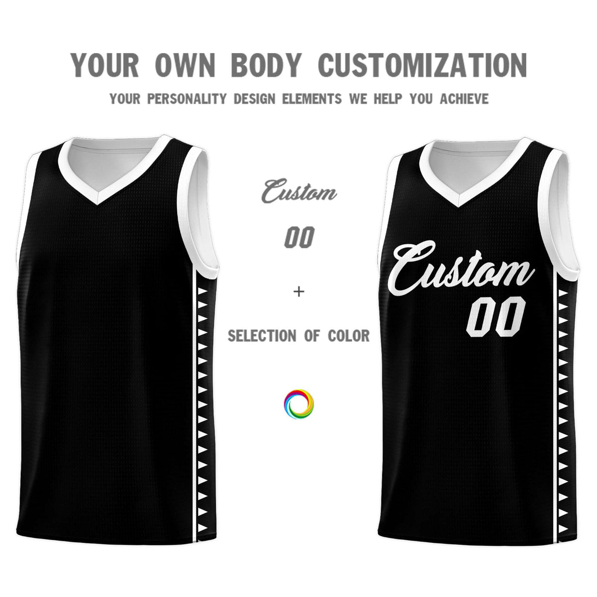 Custom Black White Basketball Kits With Side Zigzag Pattern