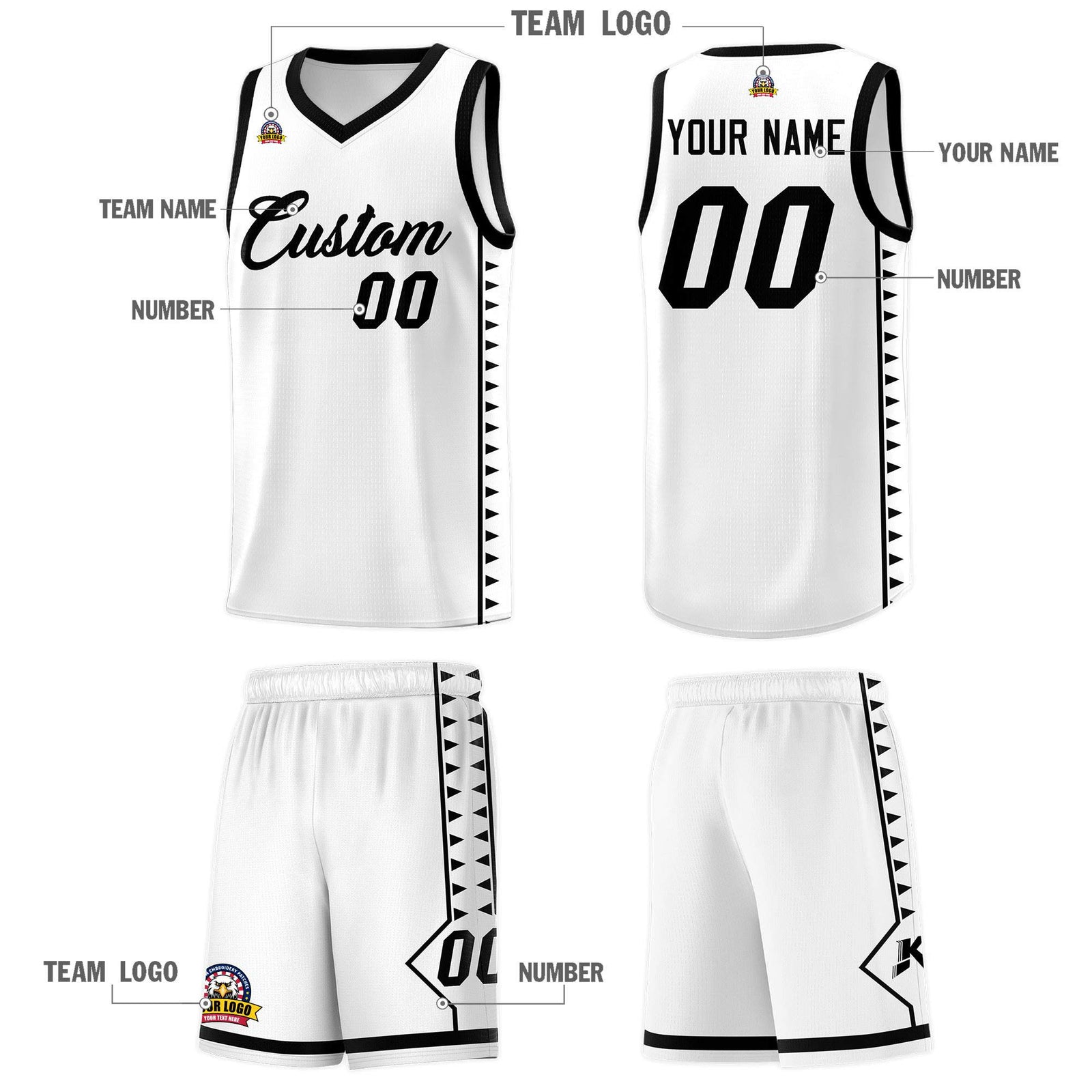 Custom White Black Basketball Kits With Side Zigzag Pattern