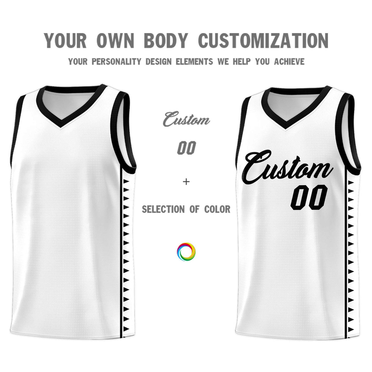 Custom White Black Basketball Kits With Side Zigzag Pattern