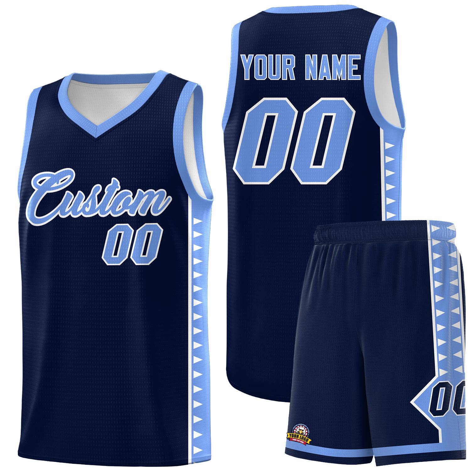Custom Navy Light Blue Basketball Kits With Side Zigzag Pattern