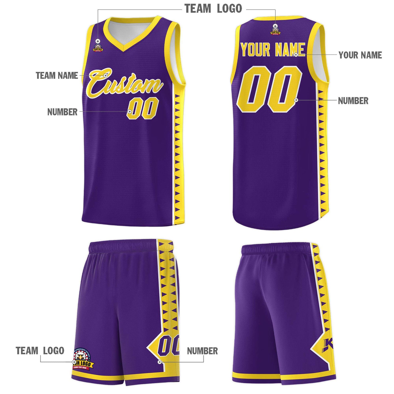 Custom Purple Gold Basketball Kits With Side Zigzag Pattern