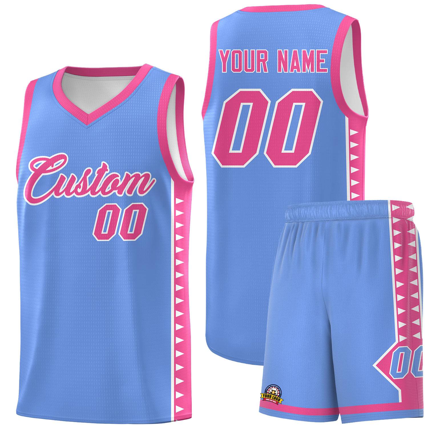 Custom Light Blue Pink Basketball Kits With Side Zigzag Pattern