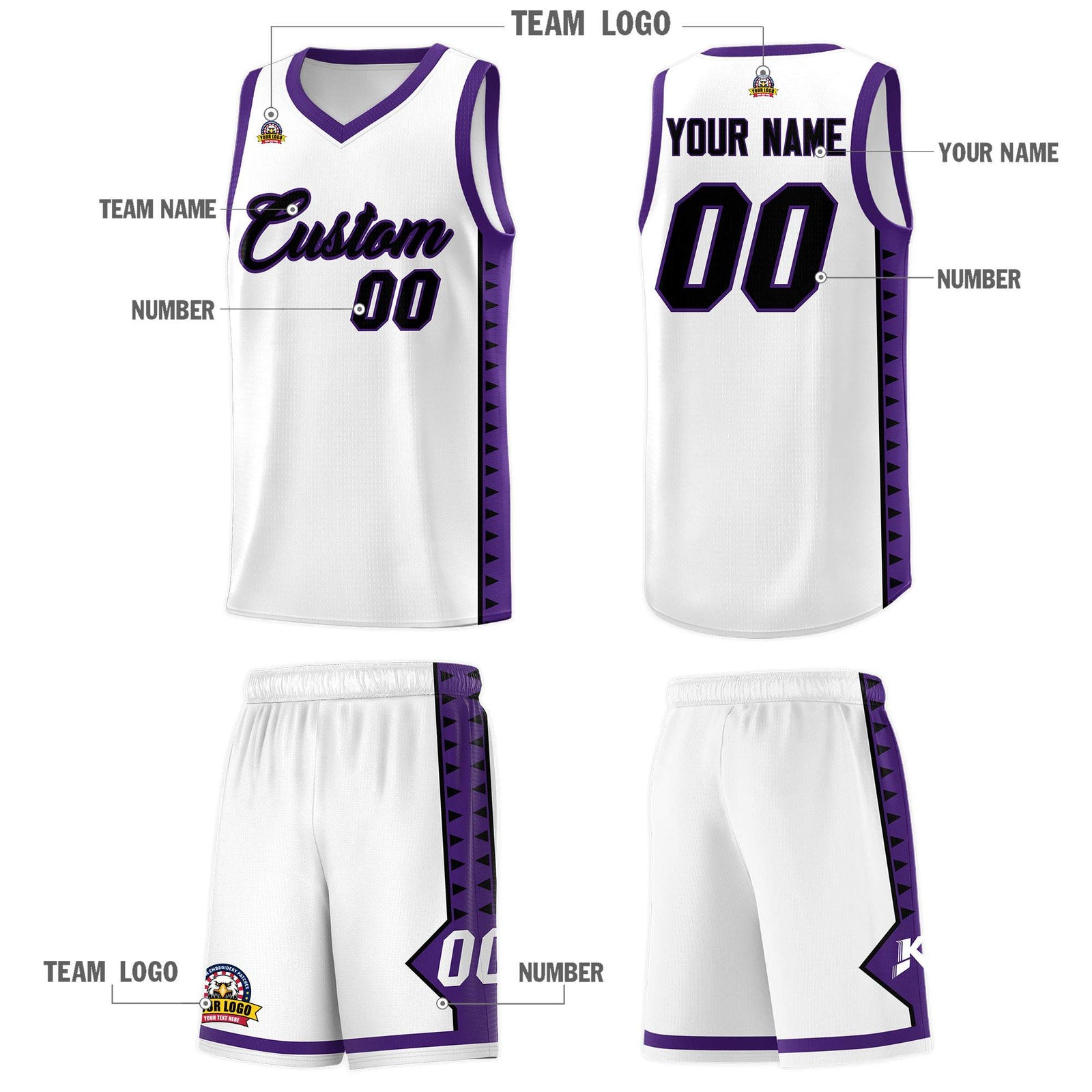 Custom White Purple Basketball Kits With Side Zigzag Pattern