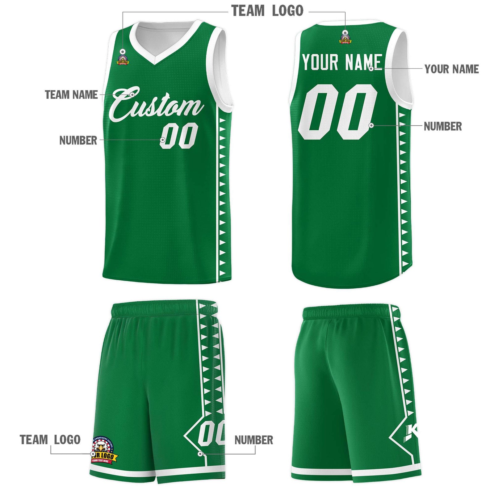 Custom Kelly Green White Basketball Kits With Side Zigzag Pattern