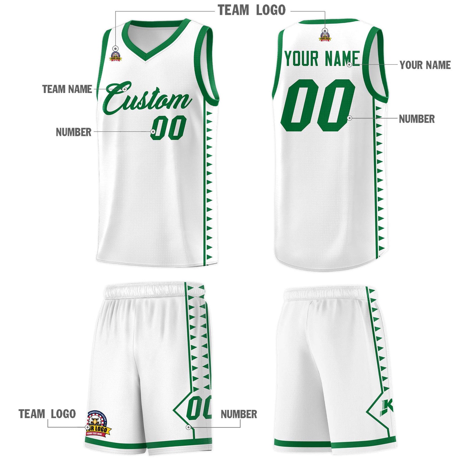 Custom White Kelly Green Basketball Kits With Side Zigzag Pattern