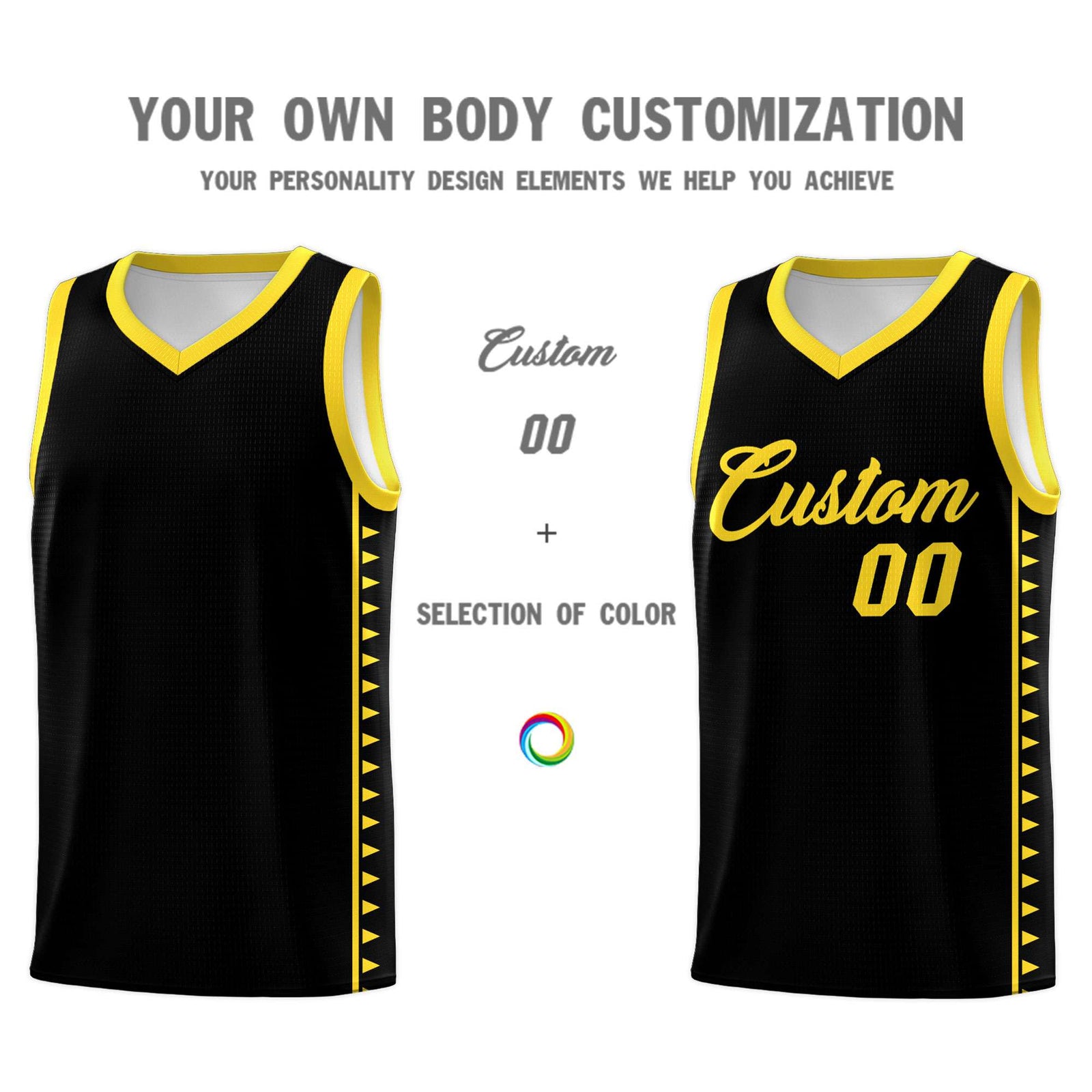Custom Black Gold Basketball Kits With Side Zigzag Pattern