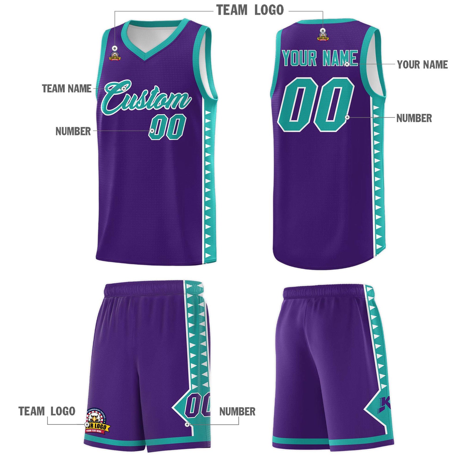 Custom Purple Aqua Basketball Kits With Side Zigzag Pattern