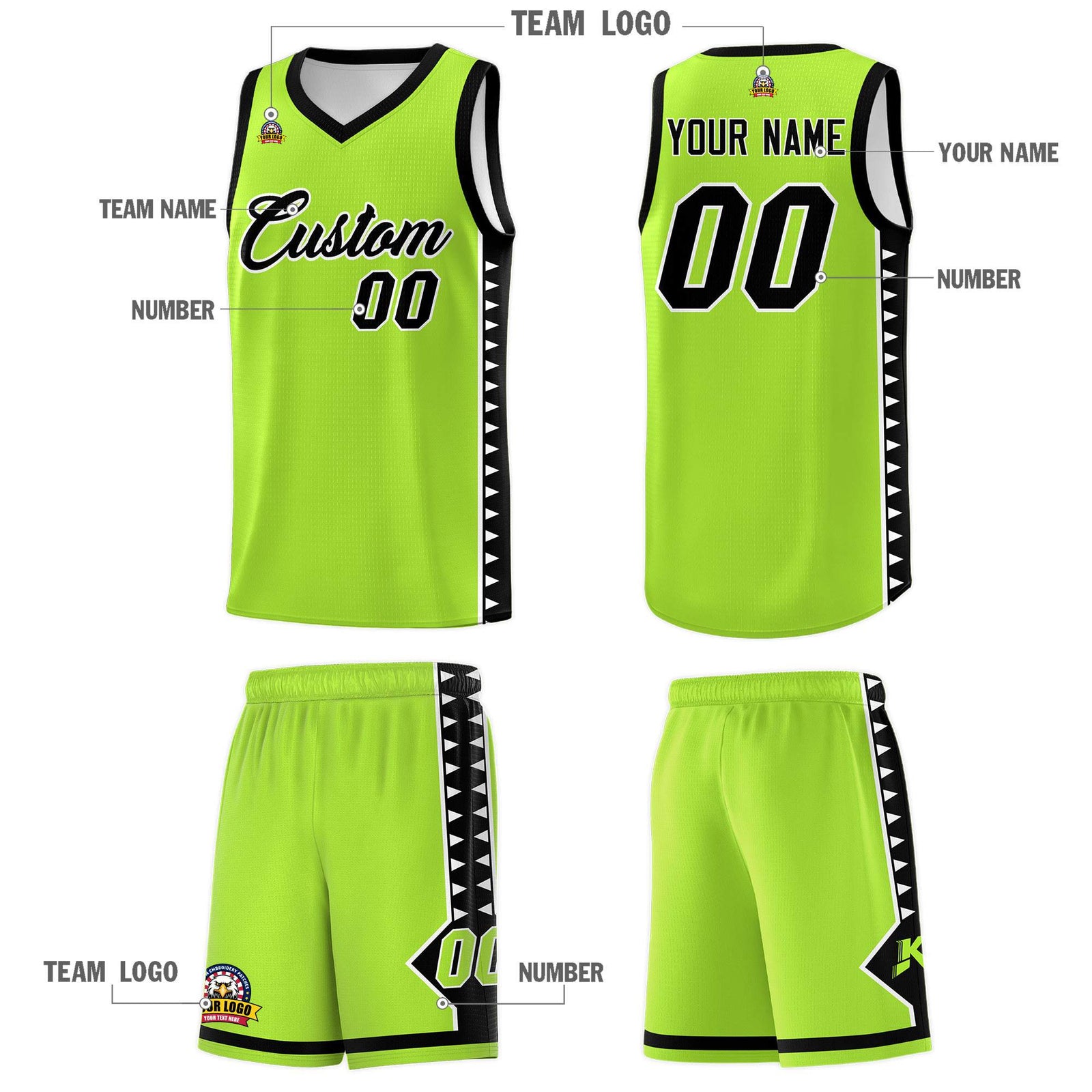 Custom Neon Green Black Basketball Kits With Side Zigzag Pattern