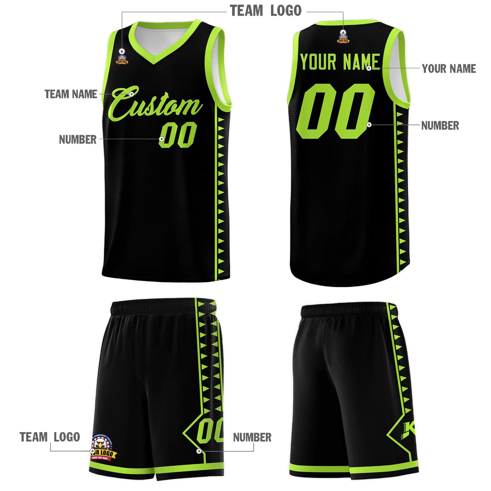 Custom Black Neon Green Basketball Kits With Side Zigzag Pattern