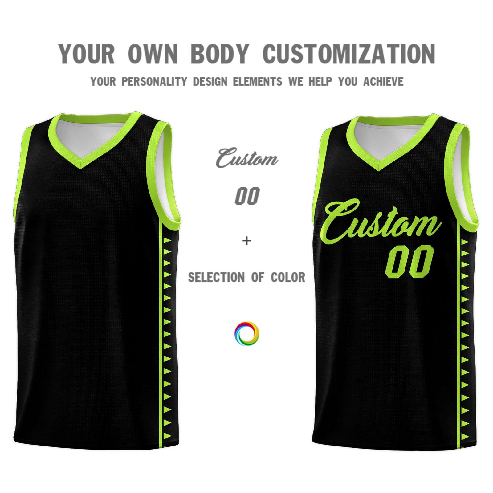 Custom Black Neon Green Basketball Kits With Side Zigzag Pattern