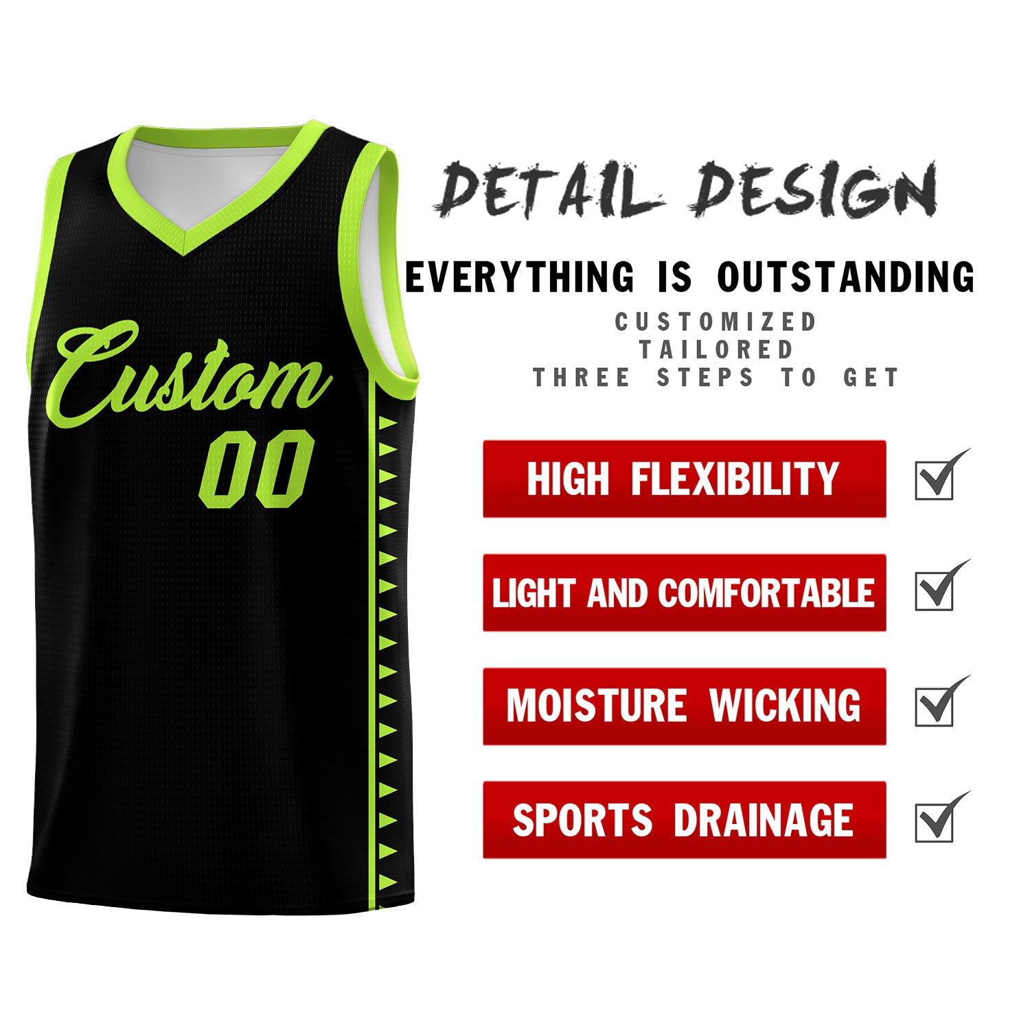 Custom Black Neon Green Basketball Kits With Side Zigzag Pattern