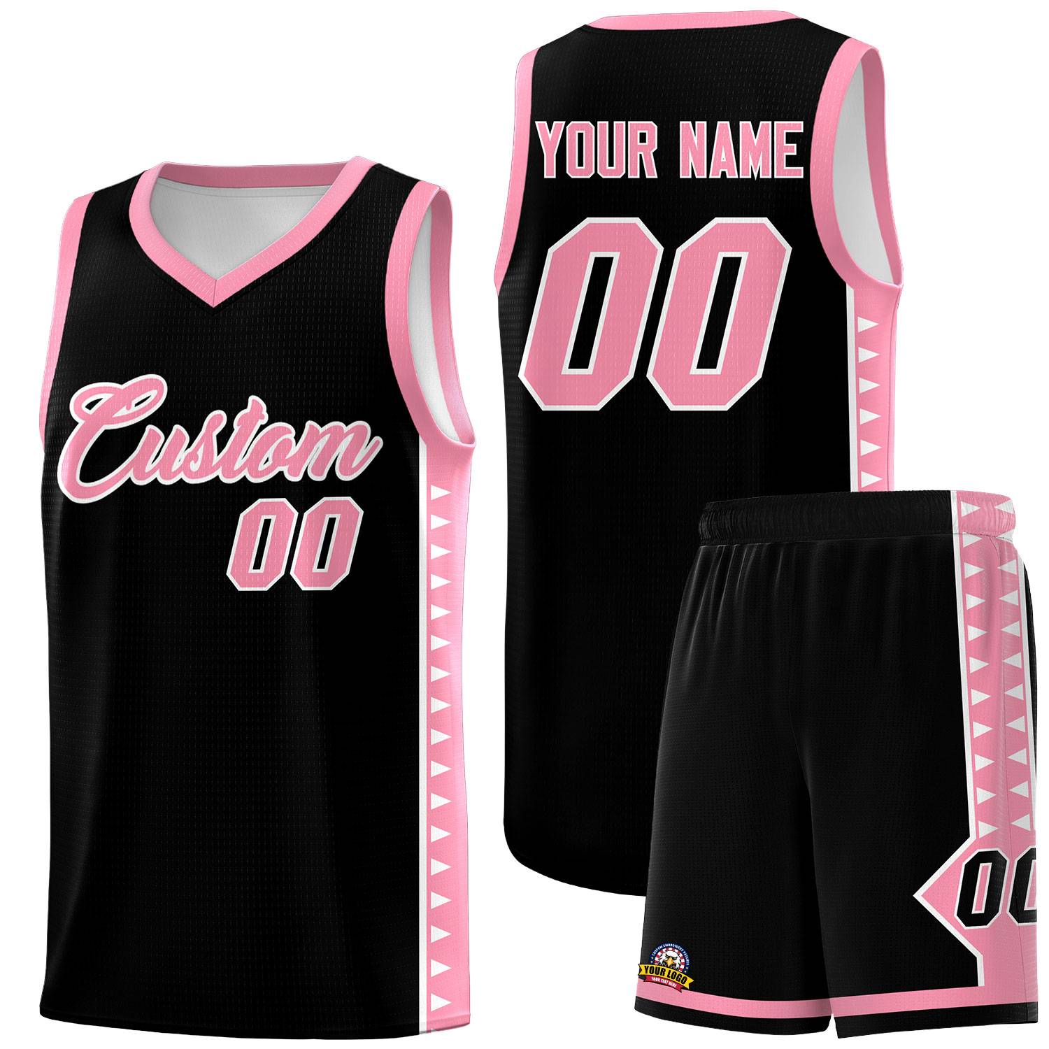 Custom Black Light Pink Basketball Kits With Side Zigzag Pattern