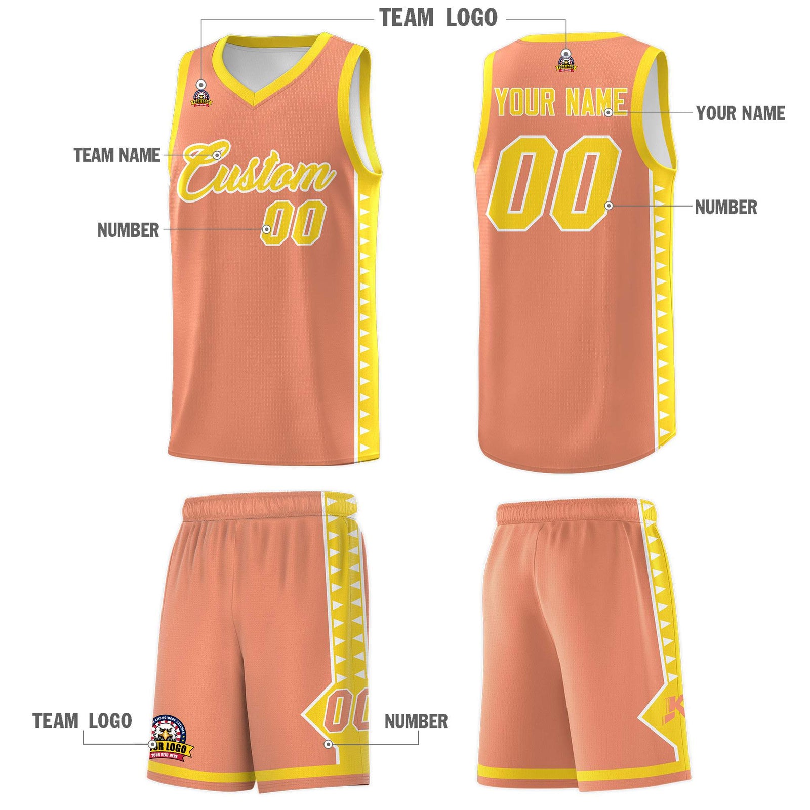 Custom Light Orange Gold Basketball Kits With Side Zigzag Pattern