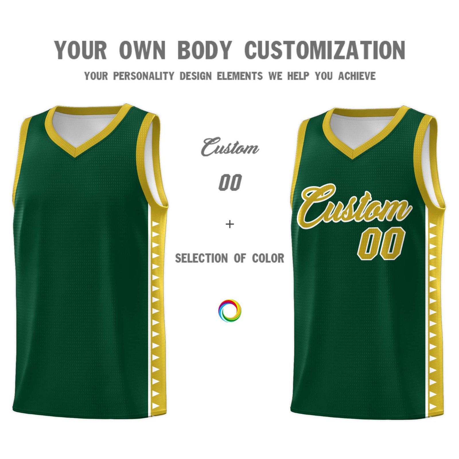 Custom Green Old Gold Basketball Kits With Side Zigzag Pattern