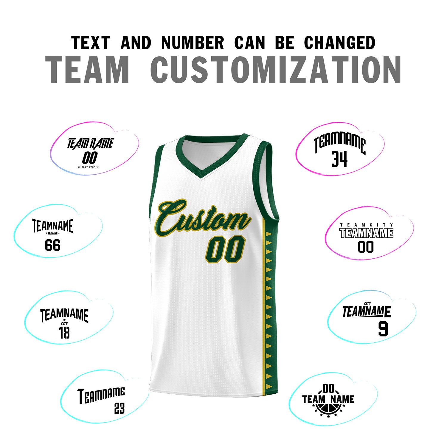 Custom White Green Basketball Kits With Side Zigzag Pattern