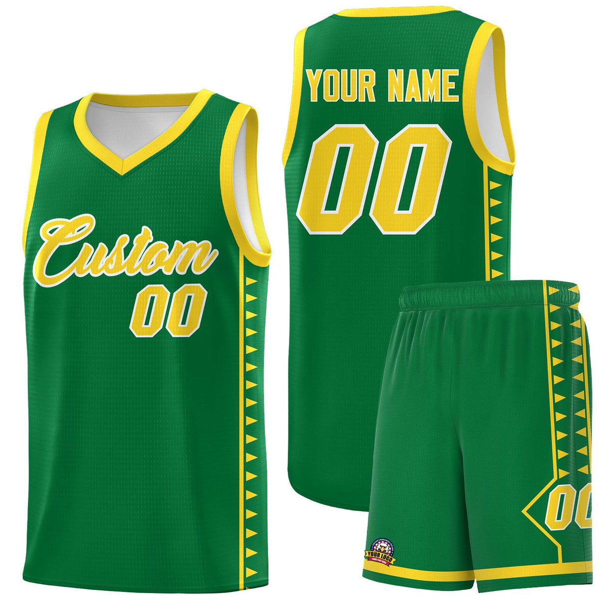 Custom Kelly Green Gold Basketball Kits With Side Zigzag Pattern