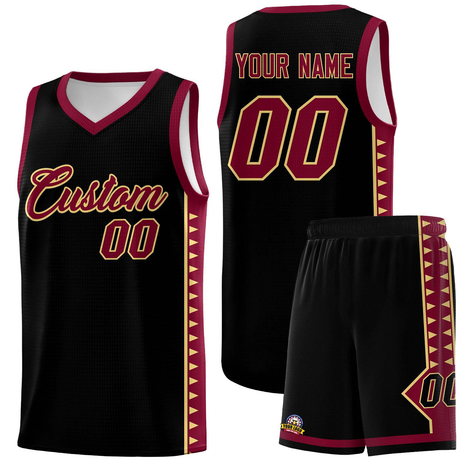 Custom Black Crimson Basketball Kits With Side Zigzag Pattern