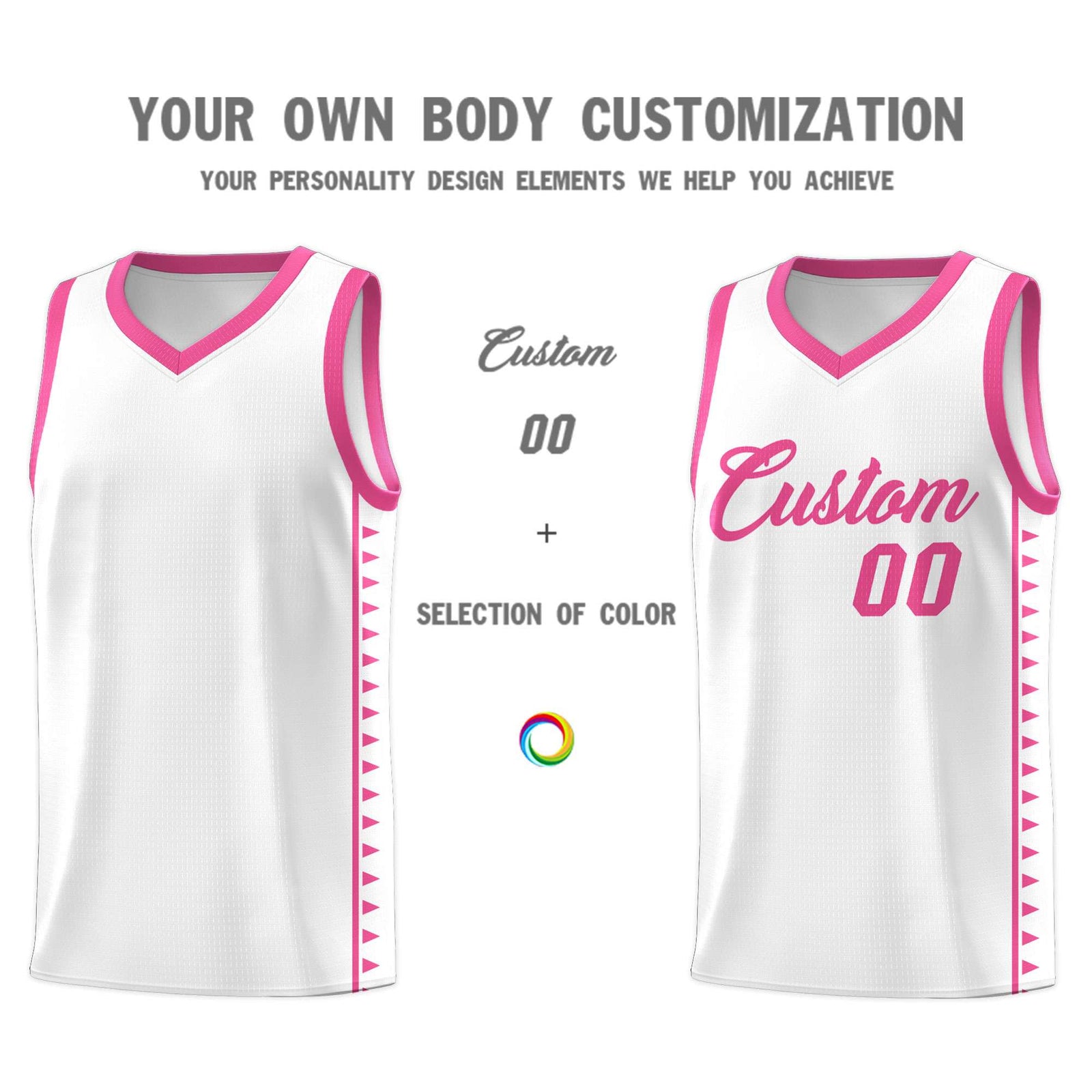 Custom White Pink Basketball Kits With Side Zigzag Pattern