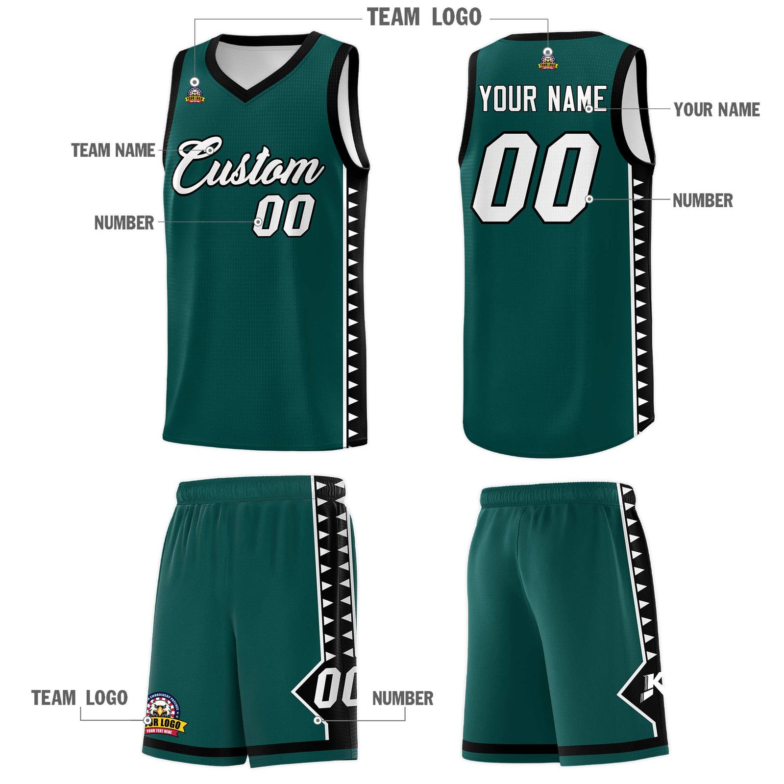 Custom Midnight Green Black Basketball Kits With Side Zigzag Pattern