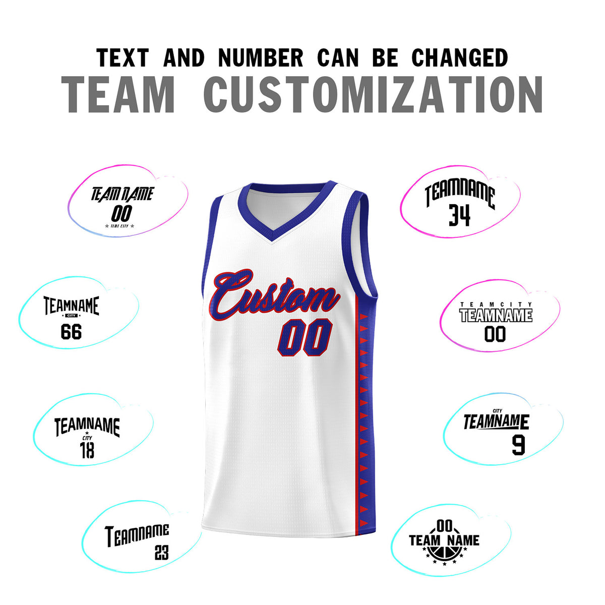 Custom White Royal Basketball Kits With Side Zigzag Pattern