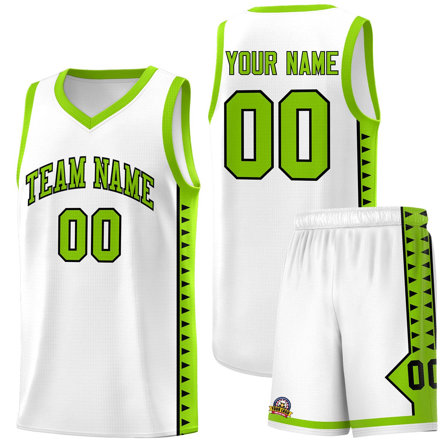 Custom White Neon Green Basketball Kits With Side Zigzag Pattern