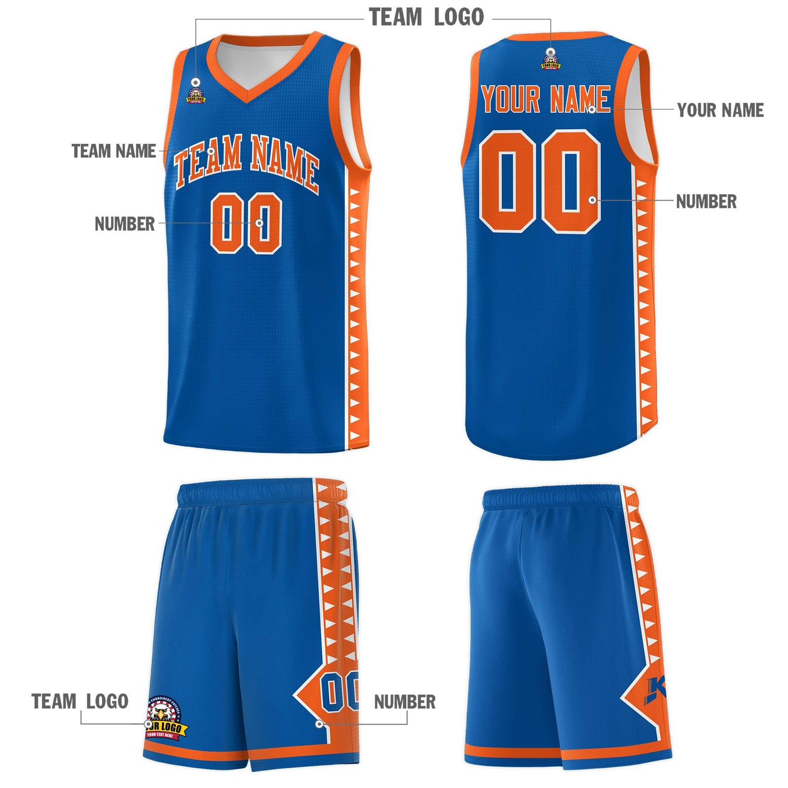 Custom Royal Orange Basketball Kits With Side Zigzag Pattern