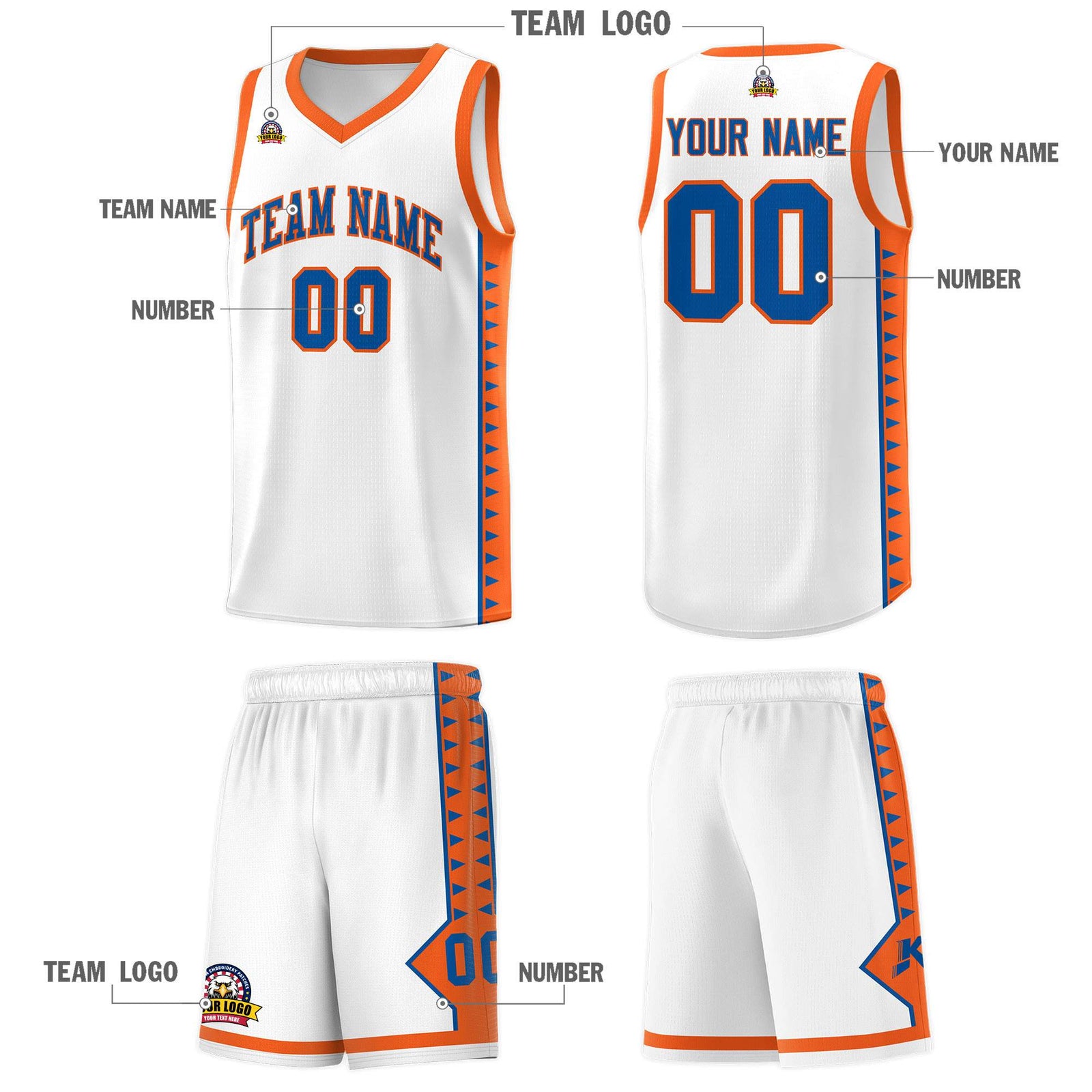 Custom White Orange Basketball Kits With Side Zigzag Pattern