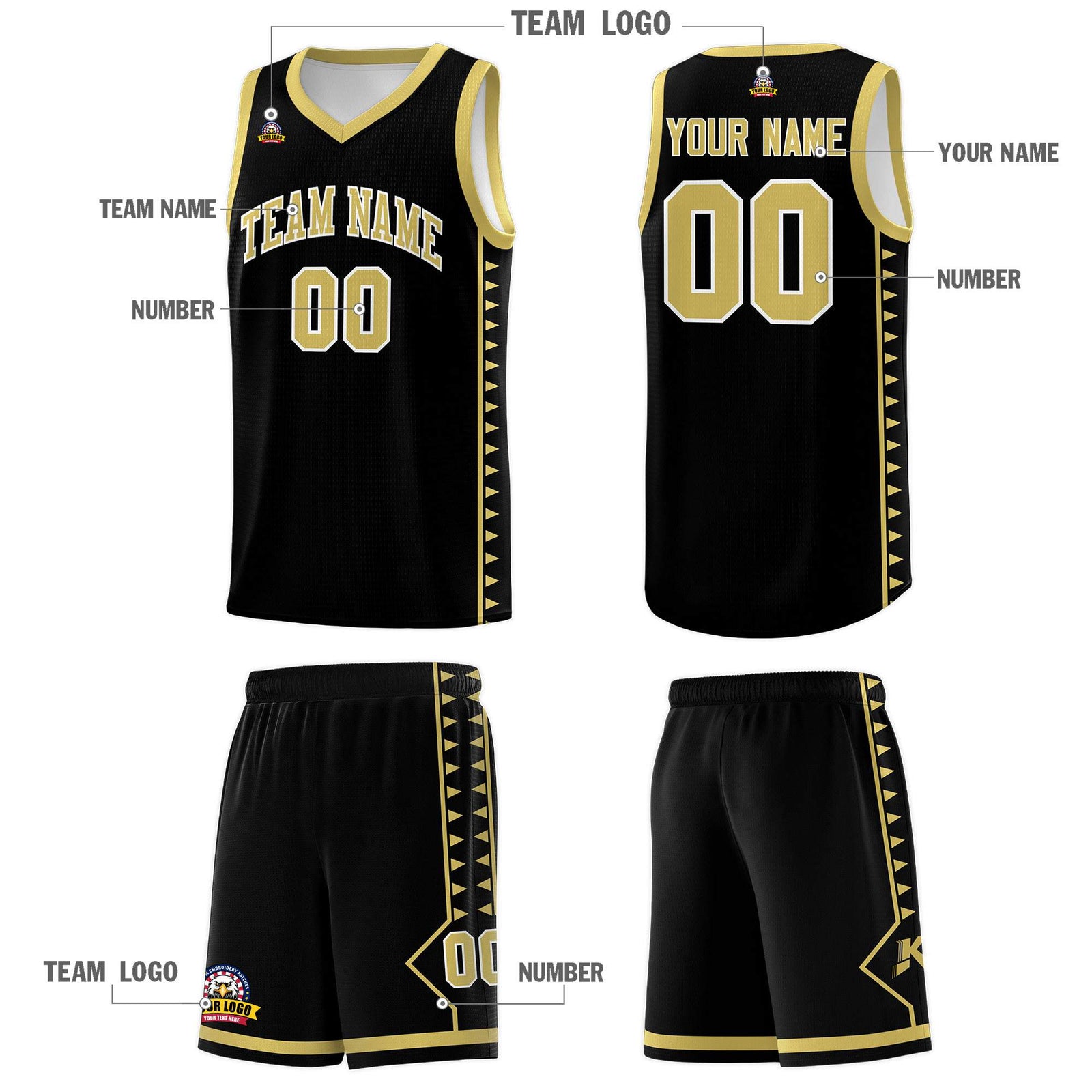 Custom Black Old Gold Basketball Kits With Side Zigzag Pattern