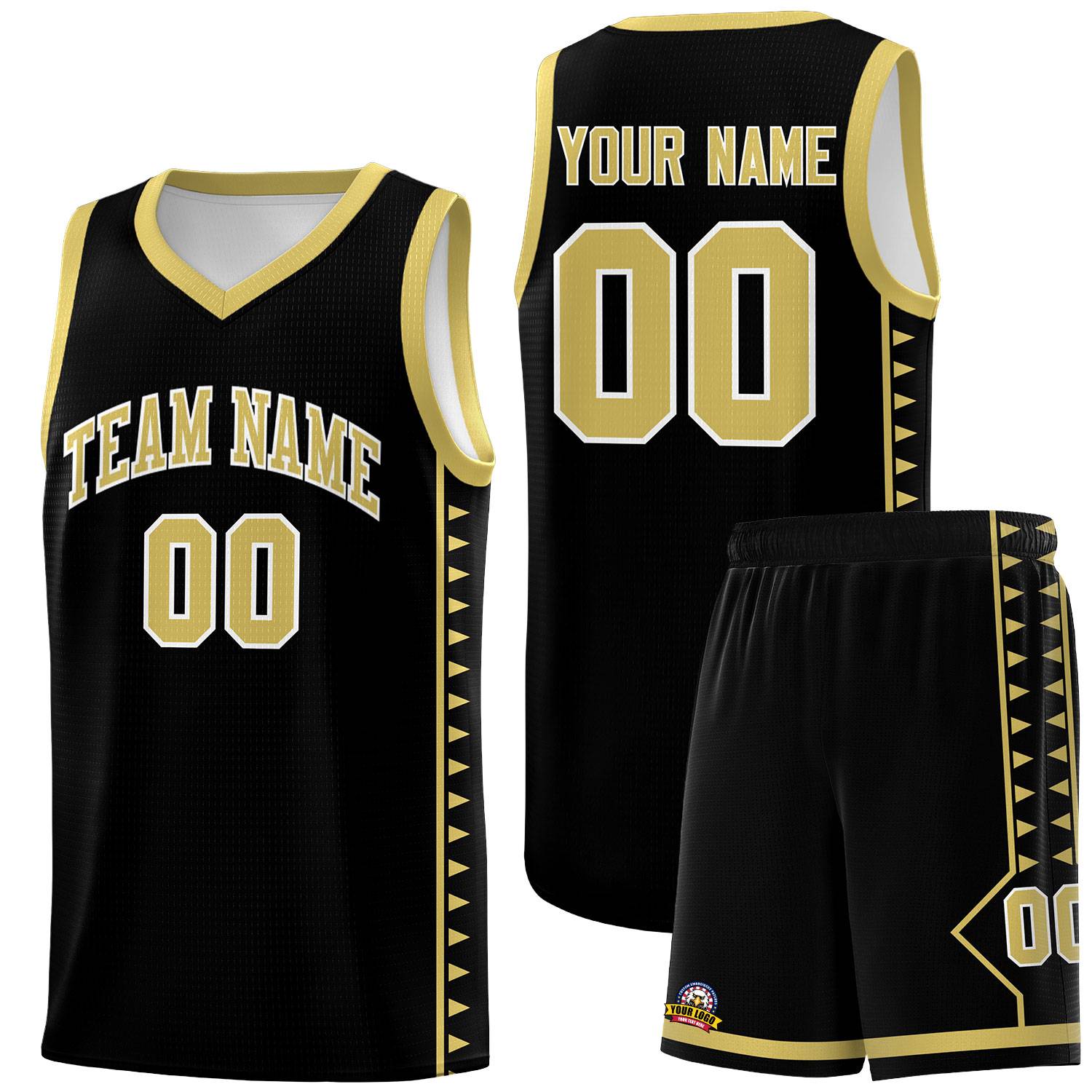 Custom Black Old Gold Basketball Kits With Side Zigzag Pattern