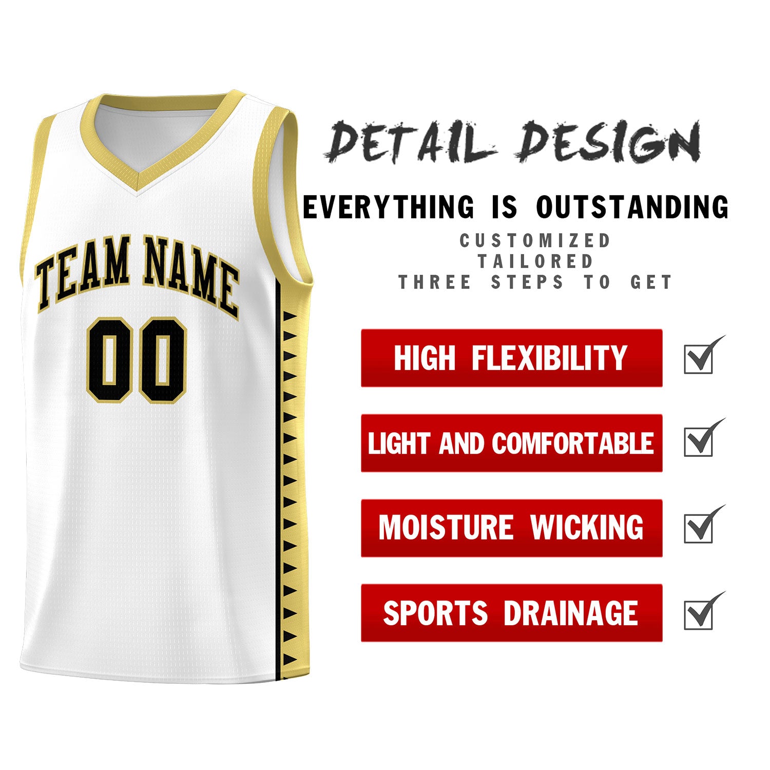 Custom White Old Gold Basketball Kits With Side Zigzag Pattern